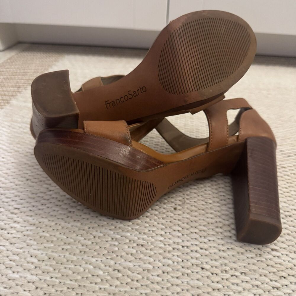Franco Sarto Myriad Block Heel Sandal Women's 6 Tan Leather Gold Zipper Open Toe - Picture 6 of 7